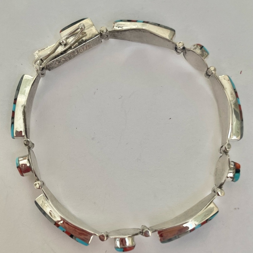 Vtg Native American ZUNI Sterling Sun Face Inlaid Onyx Pearl Coral Bracelet 6.5" - Picture 4 of 11